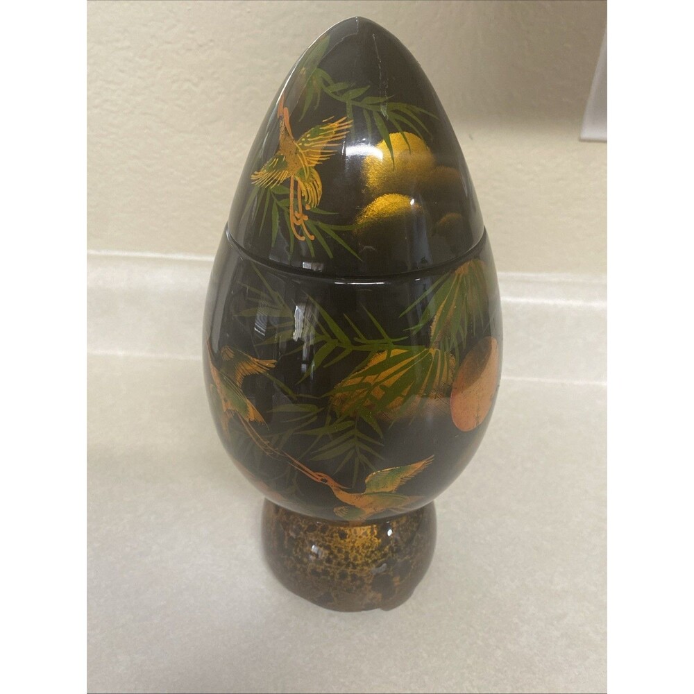 Vietnamese Black Lacquer Egg 11" Iridescent Gold Bird & Bamboo Unique Canister